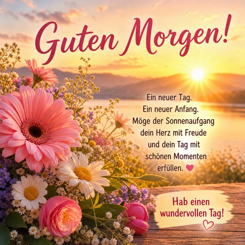 Ein bunter Strauß aus Gänseblümchen, Gerbera und Rosen steht im Vordergrund eines malerischen Sonnenaufgangs am See als Guten-Morgen-Gruß.