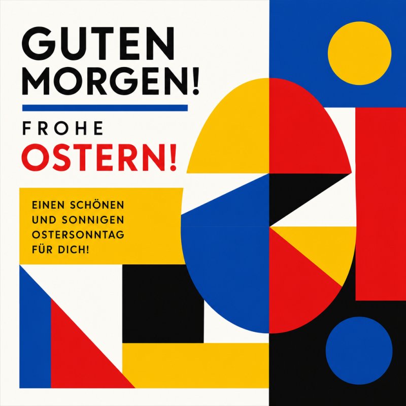 Eine farbenfrohe, abstrakte Komposition aus geometrischen Formen in Rot, Gelb und Blau schmückt den Guten-Morgen-Gruß zur Osterzeit. Frohe Ostern!