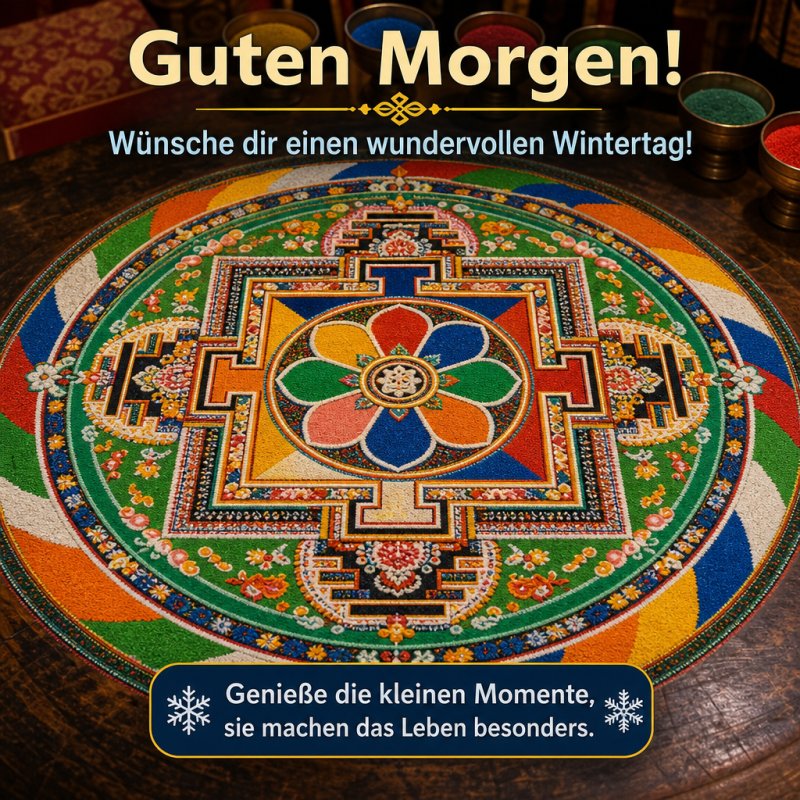 Ein bunter Mandala aus Sand ziert die Holzoberfläche, begleitet von einem warmen Guten-Morgen-Gruß für einen wundervollen Wintertag.