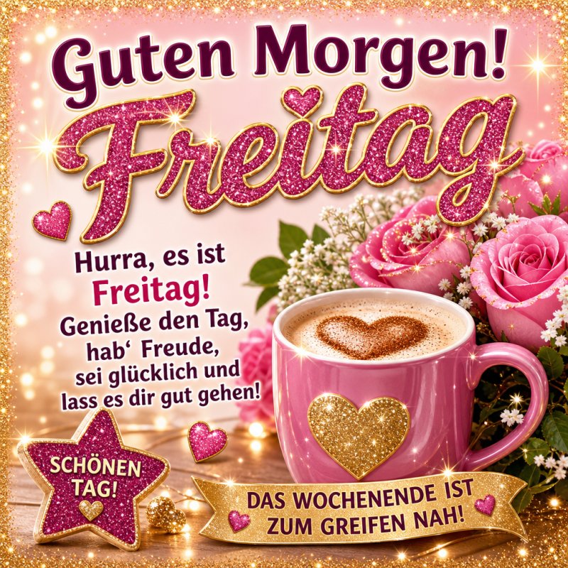 Ein pinkfarbener Guten-Morgen-Gruß mit glitzernden Schriftzügen, Rosen und einer Cappuccino-Tasse dekoriert mit Herzen vermittelt Freitagsstimmung.