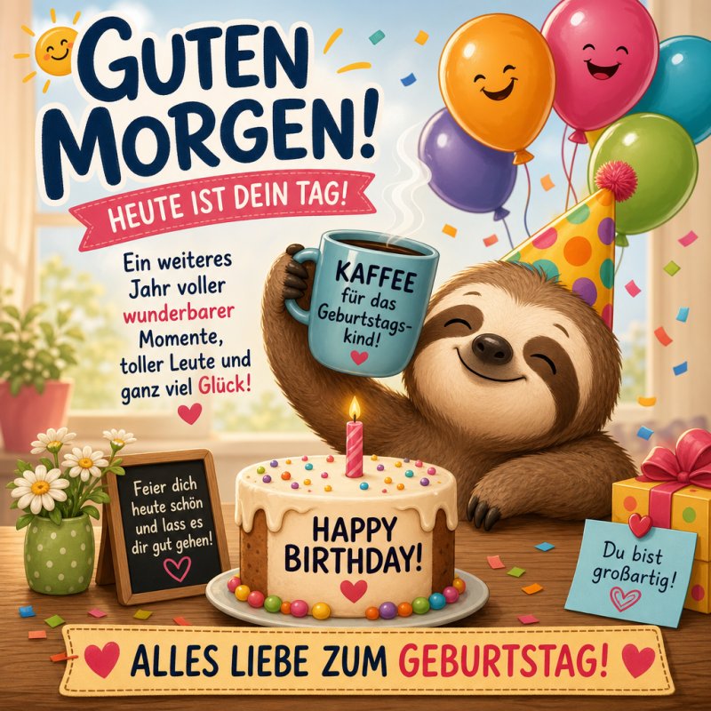Ein fröhliches Faultier mit Partyhut hält einen Kaffee neben einem Geburtstagskuchen, umgeben von bunten Luftballons, im Guten-Morgen-Gruß.