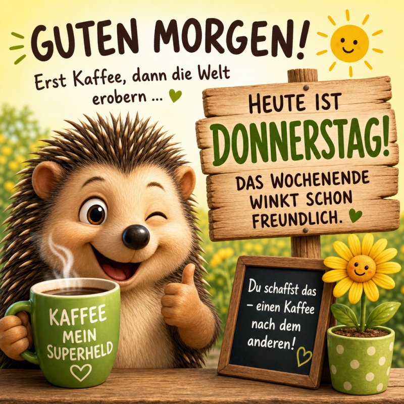 Ein lächelnder Igel hält eine Tasse mit der Aufschrift 'Kaffee mein Superheld', während freundliche Schilder einen positiven Guten-Morgen-Gruß für Donnerstag zeigen.