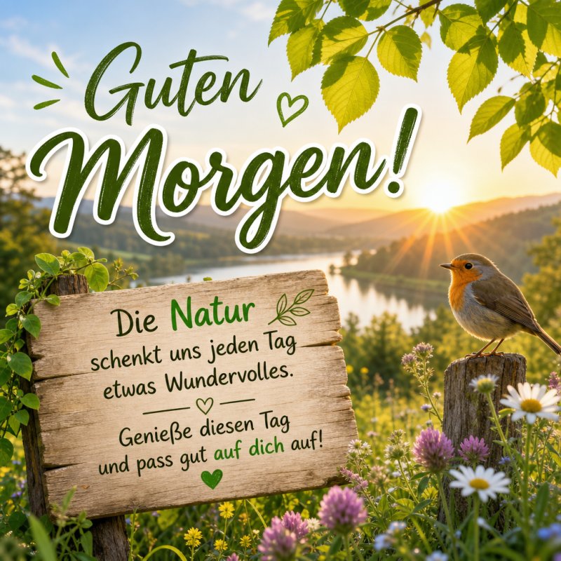 Ein Guten-Morgen-Gruß mit einem Rotkehlchen auf einem Zaun vor einem blühenden Feld am ruhigen See bei Sonnenaufgang mit grünen Blättern im Hintergrund.