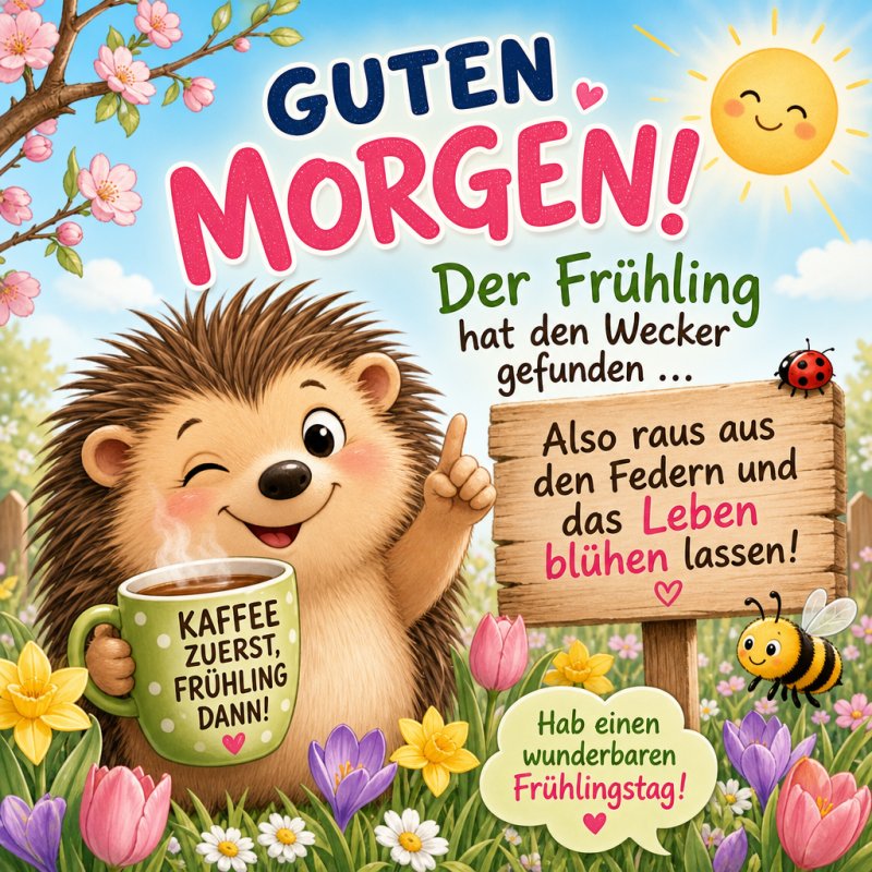 Ein lächelnder Igel mit Kaffeetasse in einem blühenden Frühlingsgarten illustriert diesen fröhlichen Guten-Morgen-Gruß voller Farben und Lebensfreude.