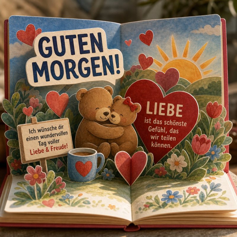 Zwei knuddelige Bären umarmen sich vor einem Sonnenaufgang, umgeben von Blumen und Herzen, mit einem liebevollen 'Guten Morgen'-Gruß.