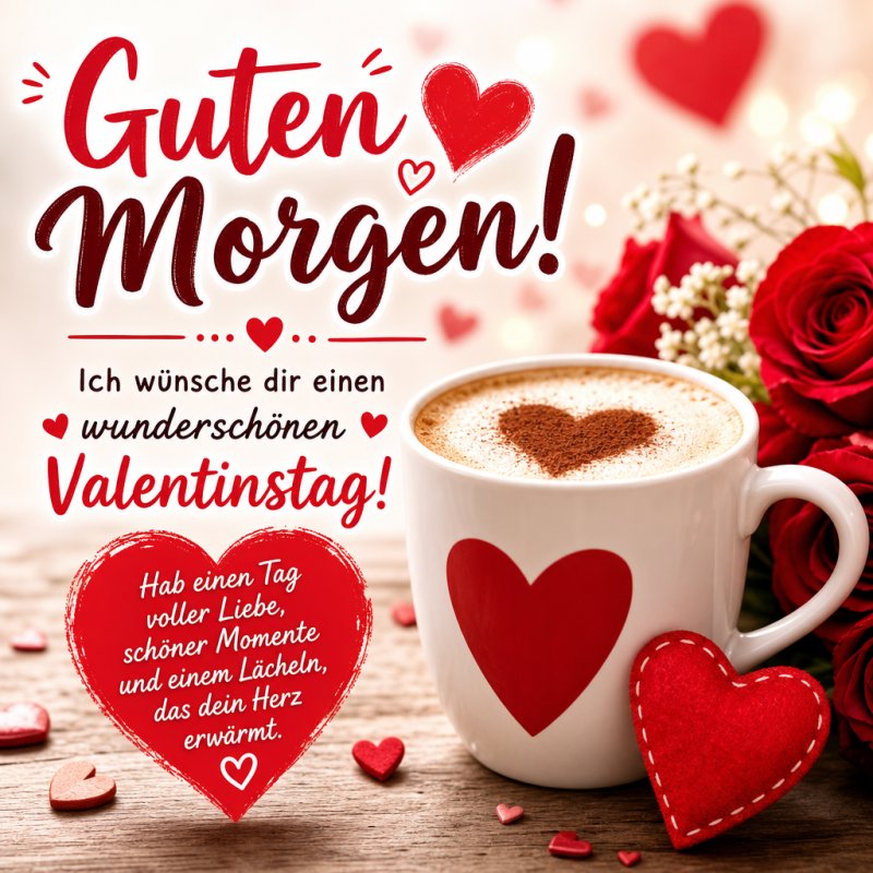 Ein romantischer Guten-Morgen-Gruß mit einer Tasse Kaffee, verziert mit Herzmuster, und roten Rosen, die ein Gefühl der Liebe und Wärme vermitteln.