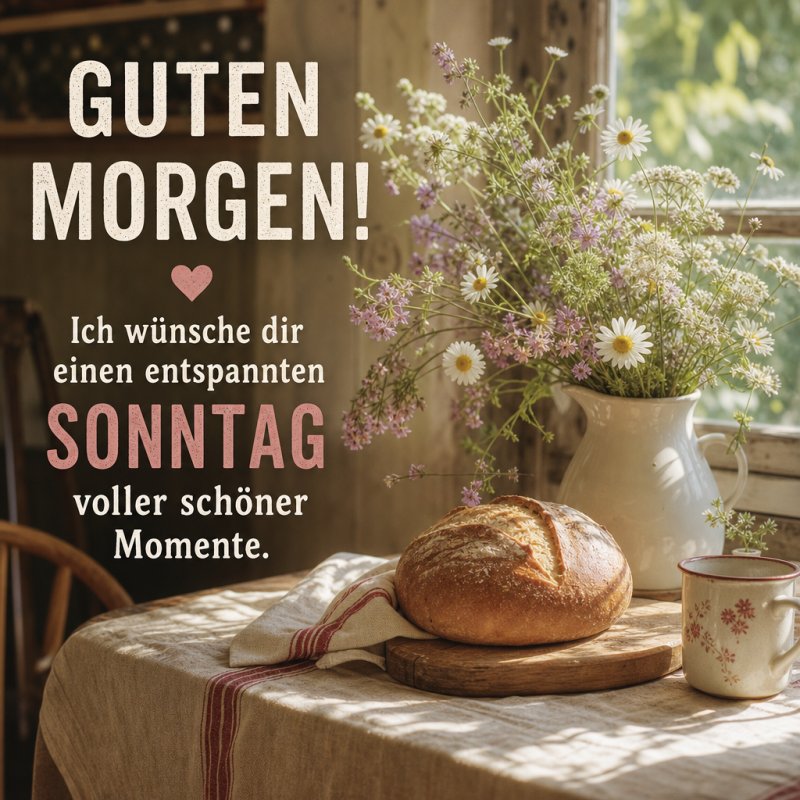 Ein rustikaler Guten-Morgen-Gruß zeigt einen Tisch mit frischem Brot auf einem Brett, einer Vase voller Sommerblumen und einem Fenster mit Blick ins Grüne.