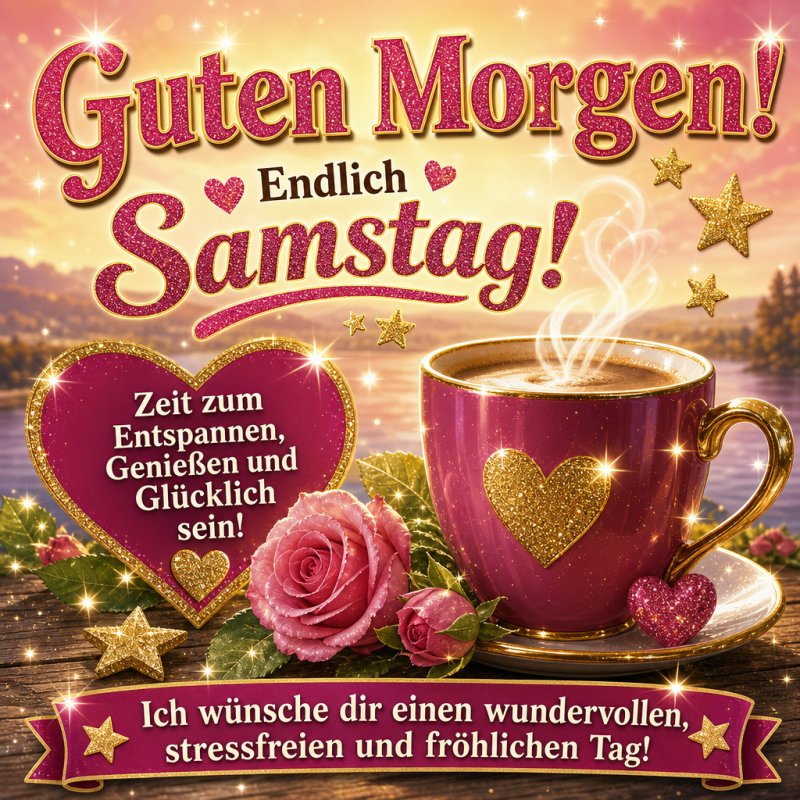 Eine romantische Szene mit Tasse Kaffee, Herz, Rose und goldenen Sternen, die einen gemütlichen Guten-Morgen-Gruß mit dem Schriftzug 'Endlich Samstag' ausstrahlt.