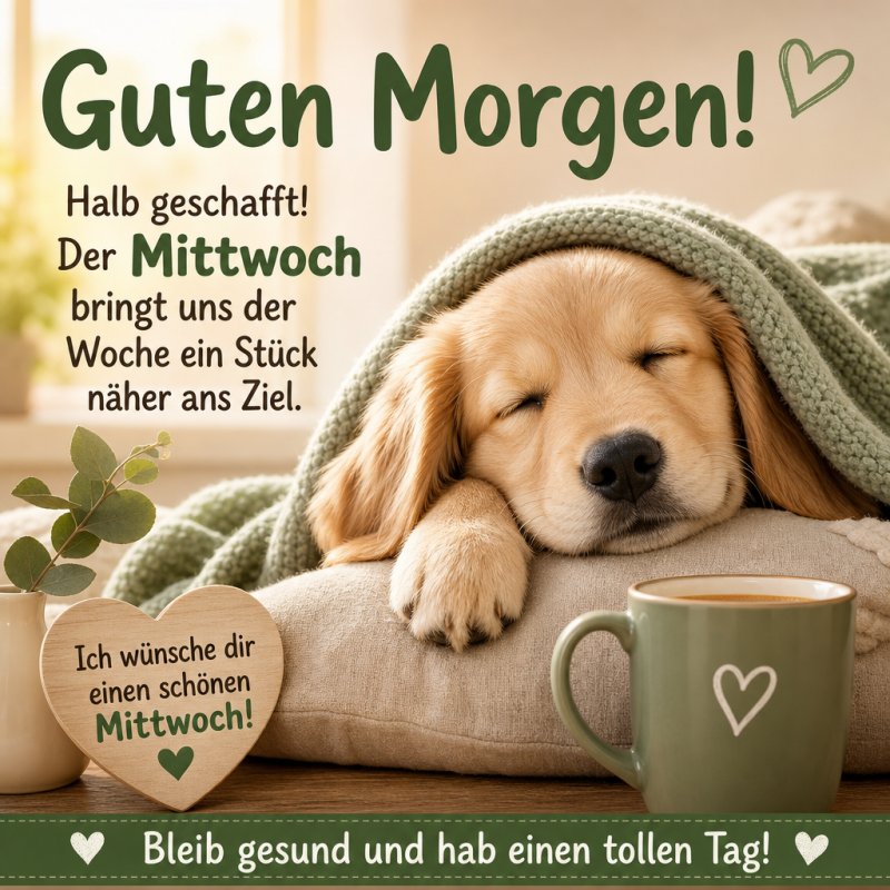 Ein schlafender Hund unter einer Decke neben einem Kaffee und einem Blatt sorgt für einen entspannten Guten-Morgen-Gruß am Mittwoch.