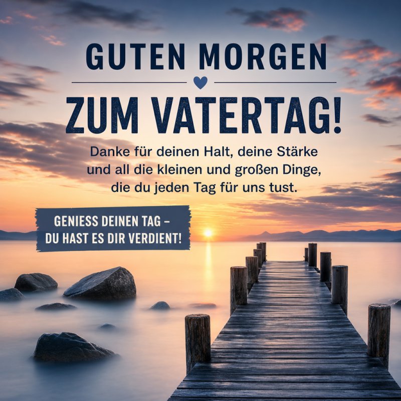 Ein Steg führt ins Wasser mit einem atemberaubenden Sonnenaufgang im Hintergrund, begleitet von einem herzlichen Guten-Morgen-Gruß zum Vatertag.