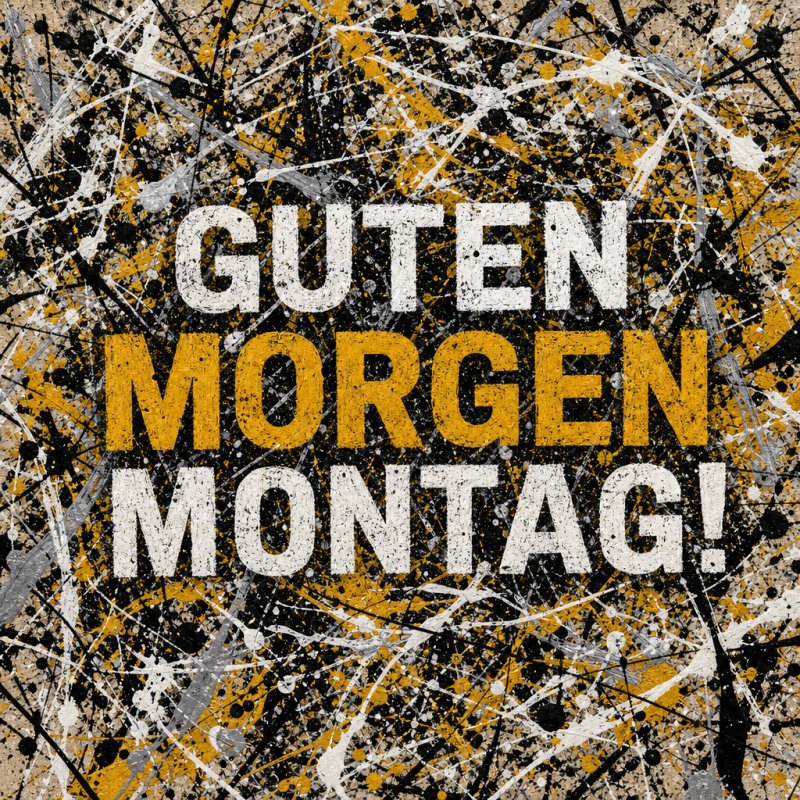 Ein Guten-Morgen-Gruß für Montag mit abstrakten Farbspritzern in Schwarz, Weiß, Gelb und Grau auf einem gesprenkelten Hintergrund.