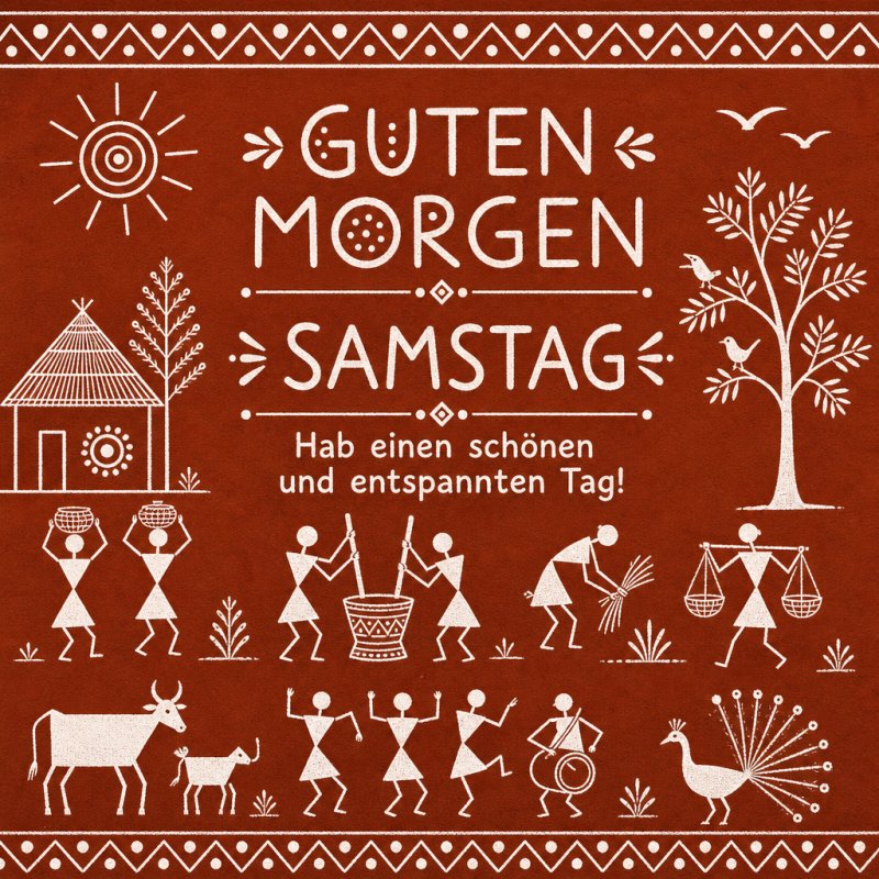 Eine rustikale Zeichnung zeigt fröhliche Dorfbewohner beim Tanzen und Arbeiten, umgeben von Tieren und Pflanzen, als farbenfroher Guten-Morgen-Gruß.