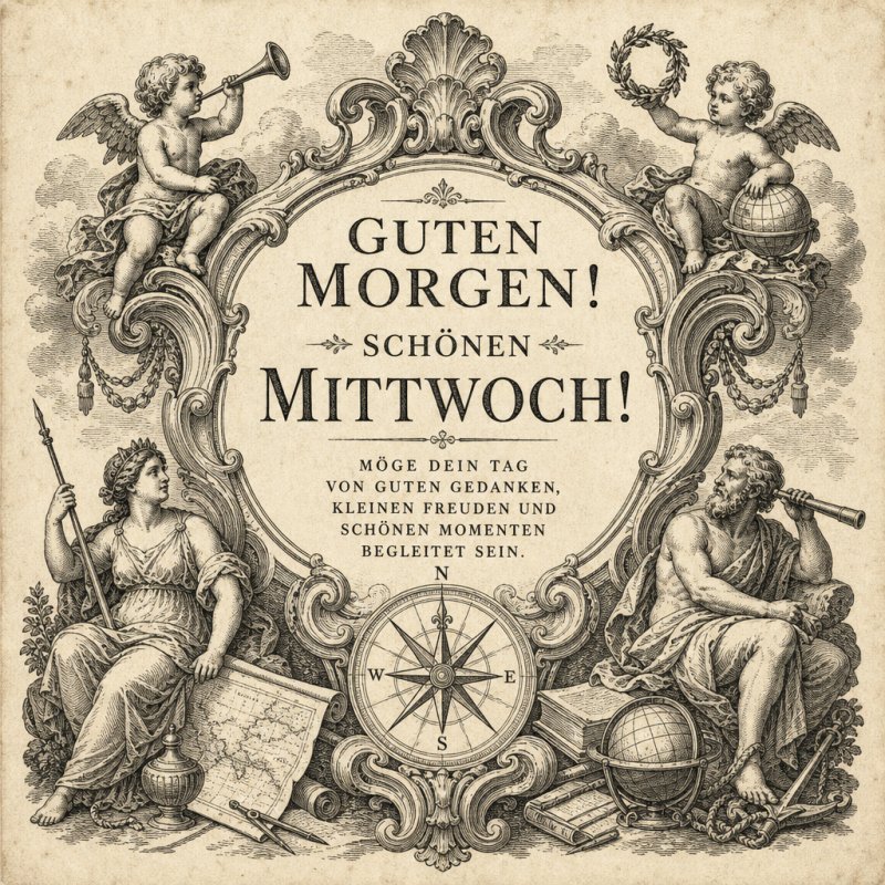 Ein barocker Guten-Morgen-Gruß mit Engeln, Ornamente und einer Kompassrose illustrieren den Mittwoch in einem historischen, eleganten Stil.