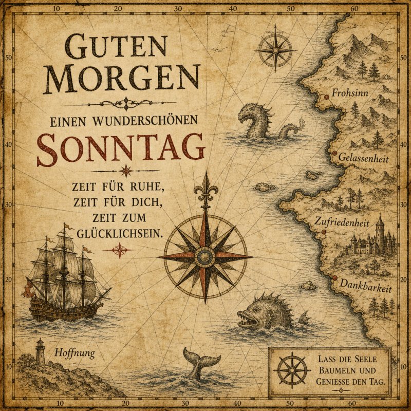 Eine antike Karte zeigt eine Kompassrose und Seemonster, begleitet von einem Guten-Morgen-Gruß für einen schönen Sonntag mit Themen wie Gelassenheit und Hoffnung.