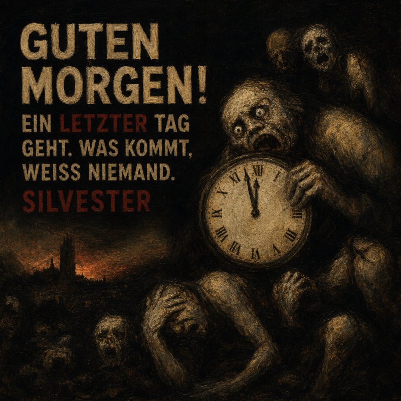 Ein düsteres Szenario mit ängstlichen Figuren und einer Uhr in der Hand, passend für einen Silvester-Guten-Morgen-Gruß im apokalyptischen Stil.