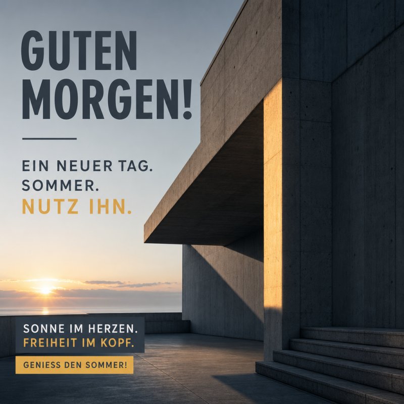 Ein moderner Betonbau am Meer leuchtet im warmen Morgenlicht, während der Himmel klar und friedlich ist, begleitet von einem motivierenden Guten-Morgen-Gruß.
