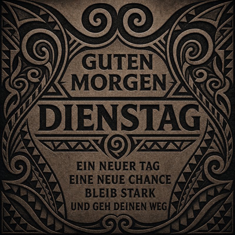 Ein kunstvolles Art-Déco-Muster umgibt den Dienstag-Gruß 'Guten Morgen', strahlt Stärke und Motivation aus und bietet einen positiven Start in den Tag.