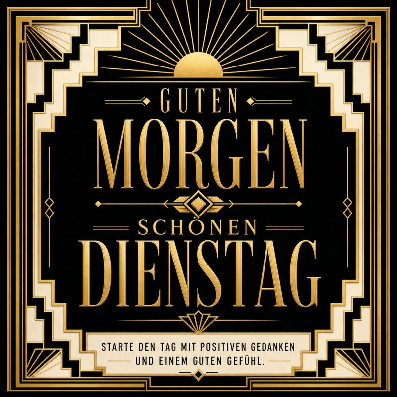 Ein stilvoller Guten-Morgen-Gruß in Art Deco Design mit goldenen und schwarzen Verzierungen, der einen schönen Dienstag wünscht.