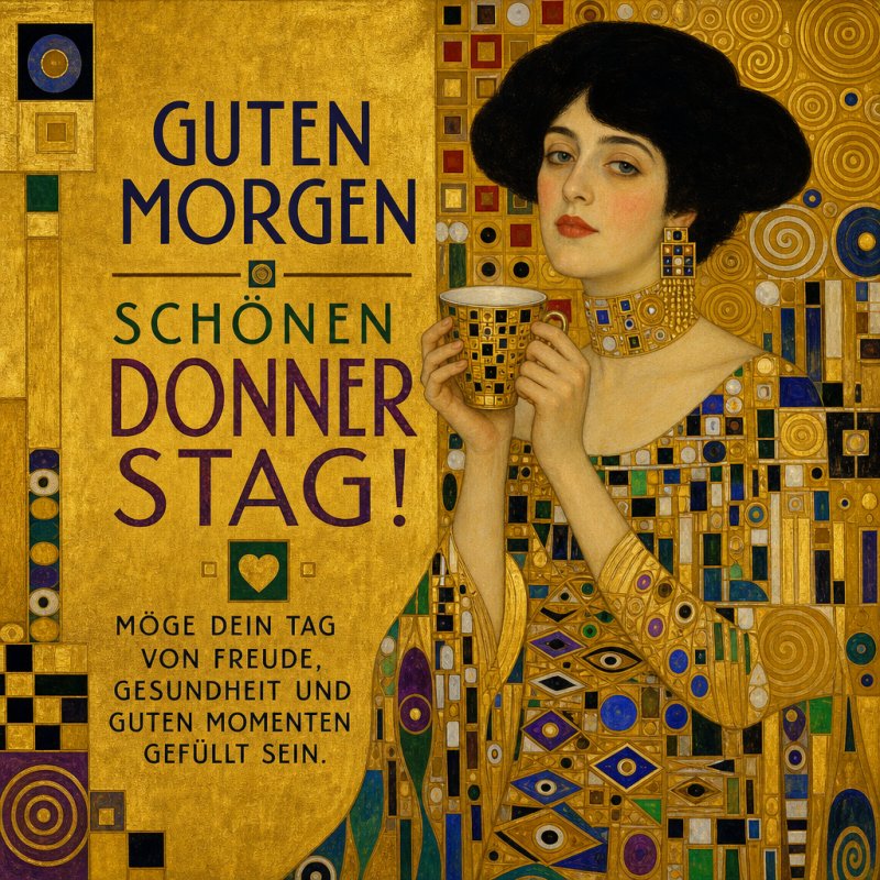 Eine stilisierte Frau im Art-Déco-Stil hält eine Kaffeetasse und ist von geometrischen Mustern umgeben, begleitet von einem Guten-Morgen-Gruß für Donnerstag.