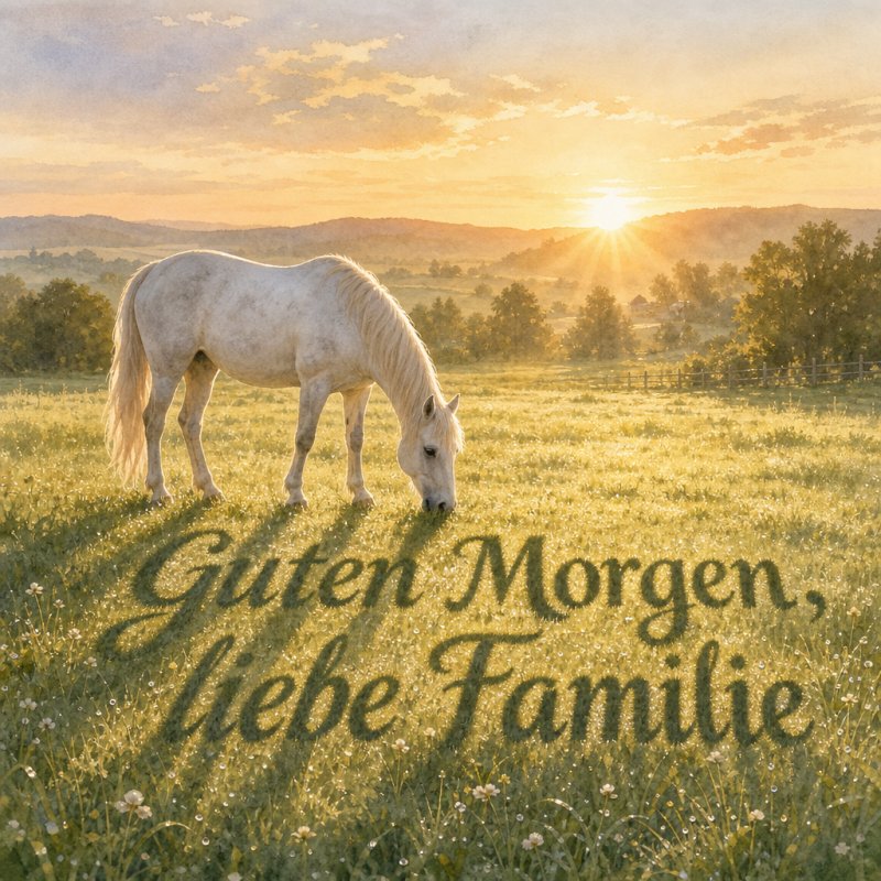 Guten-Morgen-Gruß in digitalem Aquarell: Eine Pferdesilhouette formt den Gruß auf einer taufrischen Wiese im sanften Morgenlicht eines Bauernhofs.