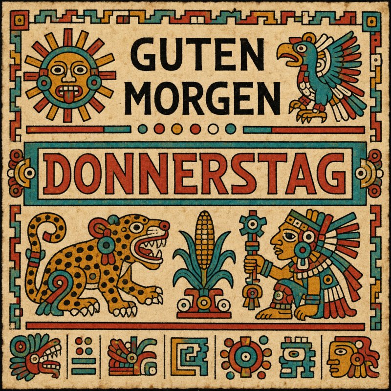 Ein farbenfrohes aztekisches Design mit einer Sonne, einem Vogel, einem Leoparden und Maissymbolen bietet einen einzigartigen Guten-Morgen-Gruß für Donnerstag.