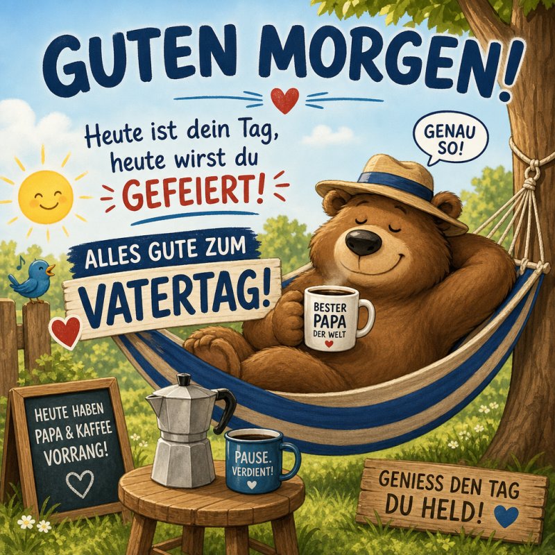 Ein fröhlicher Bär liegt in einer Hängematte, umgeben von einem sonnigen Garten, als Teil eines Guten-Morgen-Grußes zum Vatertag mit liebevollen Botschaften.