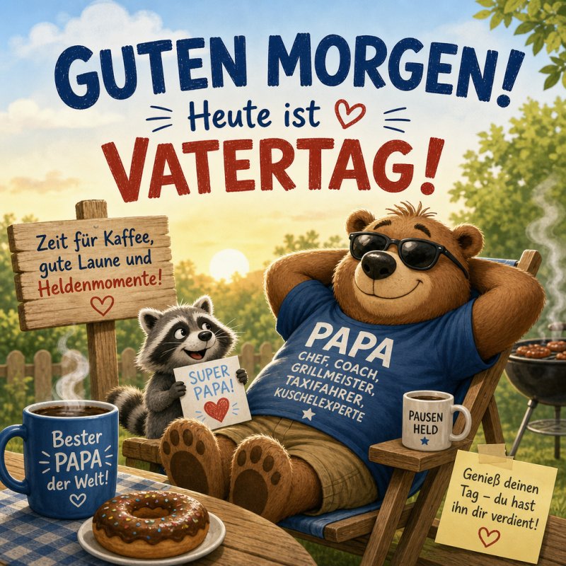 Ein entspannter Bär in einem Liegestuhl genießt mit einem Kaffee und Donuts auf einem Tisch im Freien einen Guten-Morgen-Gruß zum Vatertag.