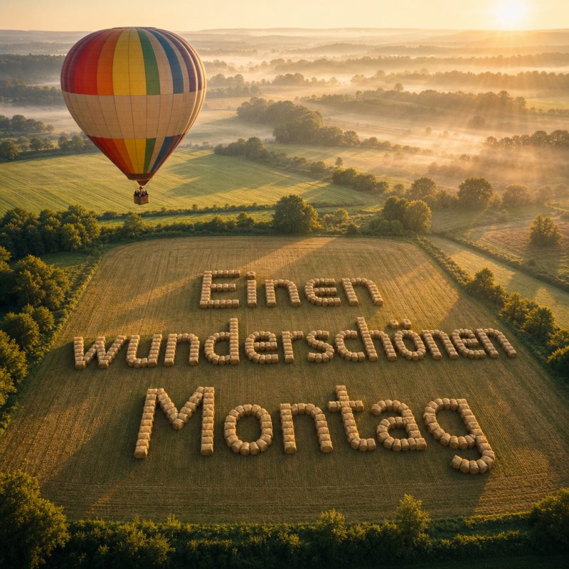 Ein Guten-Morgen-Gruß als Dokumentarfotografie: Ein Ballon schwebt über nebelverhangenen Feldern, während Heuballen ein "Einen wunderschönen Montag" formen.