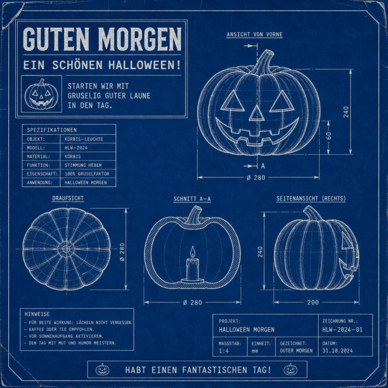 Ein technischer Bauplan zeigt die Details einer Halloween-Kürbislaterne mit einem Guten-Morgen-Gruß in einer blauen Zeichnung.