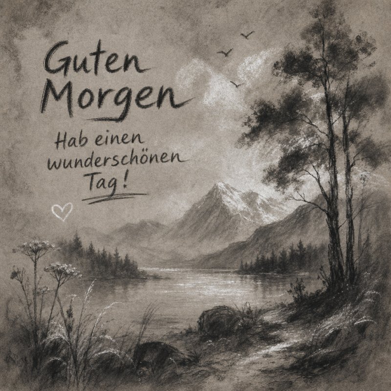 Eine detailreiche Kohlezeichnung zeigt Berge, See und Bäume im Morgenlicht, begleitet von einem ‚Guten Morgen‘-Gruß für einen schönen Tag.