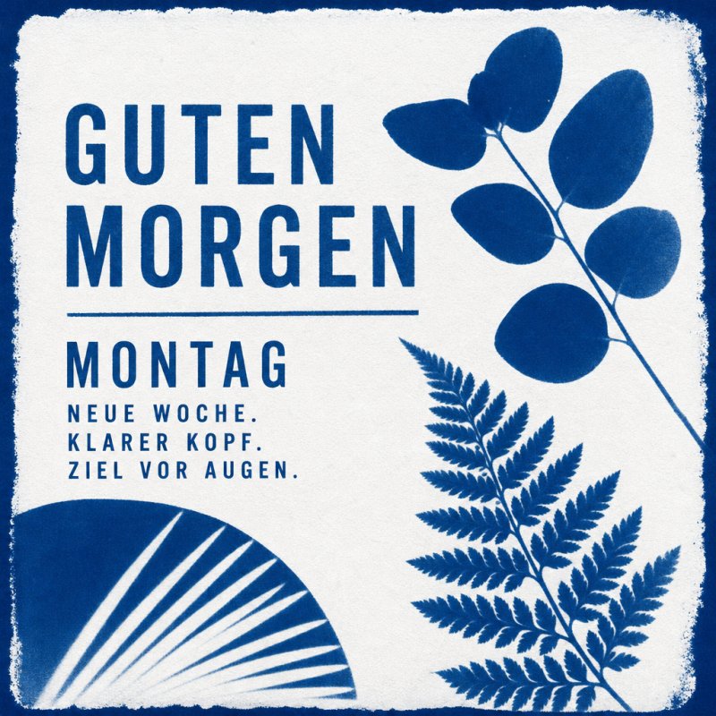 Blau-weiße Illustration mit Farn und Zweig neben dem Text 'Guten Morgen', perfekt für einen Guten-Morgen-Gruß am Montag. Neue Woche, klarer Kopf.