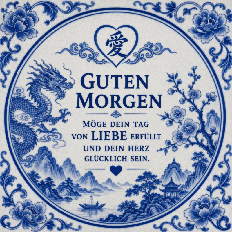 Ein kunstvoller Guten-Morgen-Gruß mit einem blauen Drachen, Blumen und chinesischen Motiven in zarter Porzellandekoration.