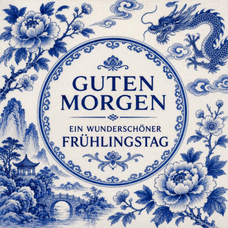 Ein blauer Guten-Morgen-Gruß mit filigranen Blumen, einem Drachen, einer Pagode und Landschaft im traditionellen chinesischen Stil geschmückt.