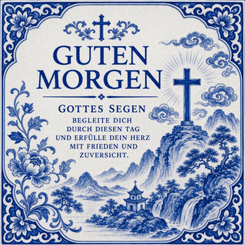 Eine blaue Fliesenoptik mit Blumen und einem christlichen Kreuz verleiht diesem Guten-Morgen-Gruß eine friedliche und spirituelle Stimmung.