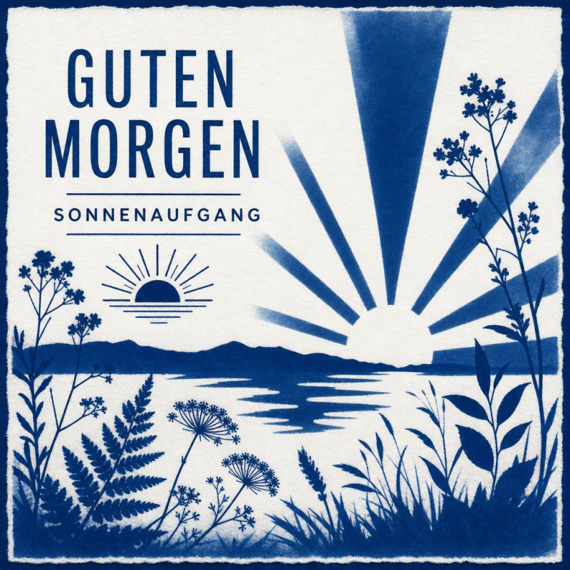 Ein blauer Sonnenaufgang mit Strahlen über einem See und Pflanzen im Vordergrund schmückt diese Guten-Morgen-Grußkarte im Vintage-Stil.