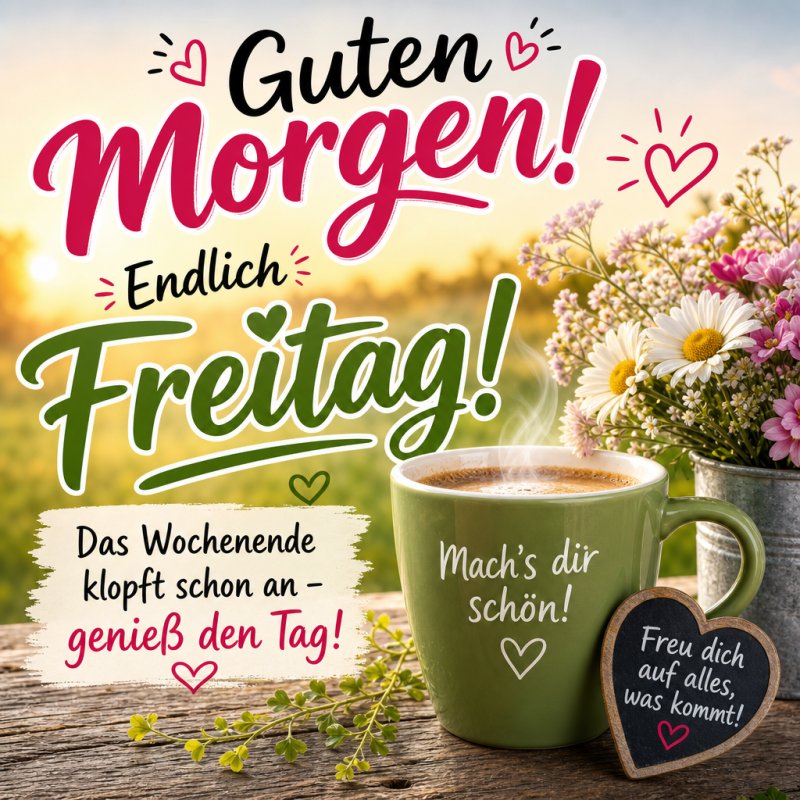 Ein Guten-Morgen-Gruß mit einer Kaffeetasse und bunten Blumen vor einer sonnigen Wiesenlandschaft vermittelt Freude und Optimismus.