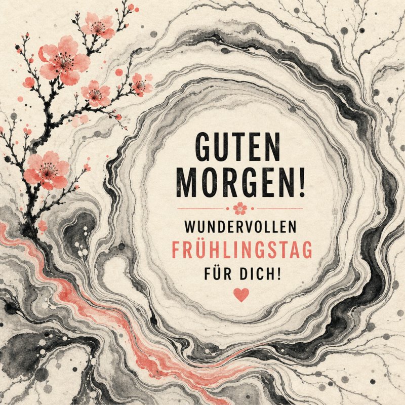 Ein künstlerischer Guten-Morgen-Gruß zeigt Kirschblüten und abstrakte Verwirbelungen in sanften Rosa- und Grautönen, die den Frühling einläuten.