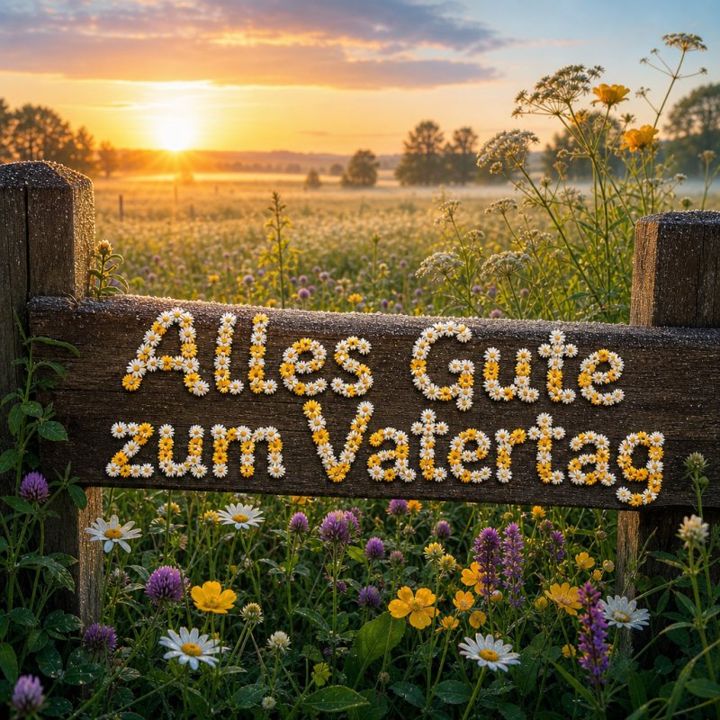 Guten-Morgen-Gruß in einem photorealistischen 3D-Render: ein Holzzaun in einer stillen Wiese, mit Blumen bedeckt, bei Tagesanbruch.