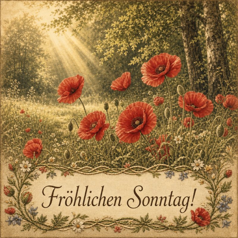 Guten-Morgen-Gruß als Vintage-Postkartenkunst: Fröhliche rote Mohnblumen schwingen im sanften Morgenlicht eines Waldlichtungsrands.