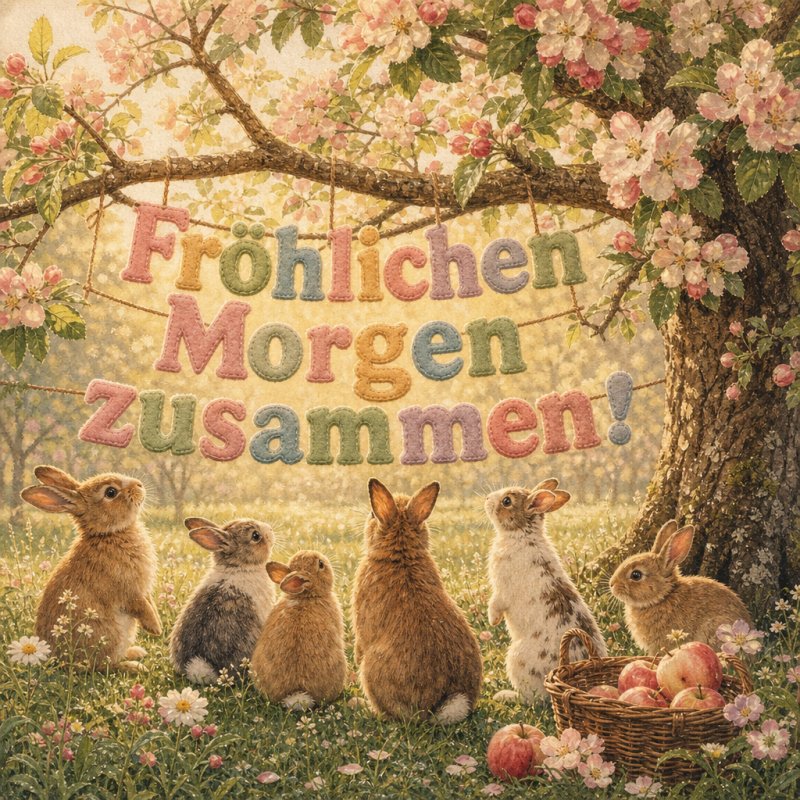 Guten-Morgen-Gruß eingebettet in ein Vintage-Postkartenmotiv: eine Gruppe von Kaninchen unter einem blühenden Apfelbaum bei sanftem Morgenlicht mit dem Gruß an einem Ast angebracht.
