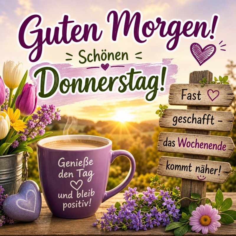 Ein Guten-Morgen-Gruß mit Tulpen und einem Lavendelfeld bei Sonnenaufgang, einer Tasse Kaffee und einem Holzschild mit inspirierendem Text für Donnerstag.