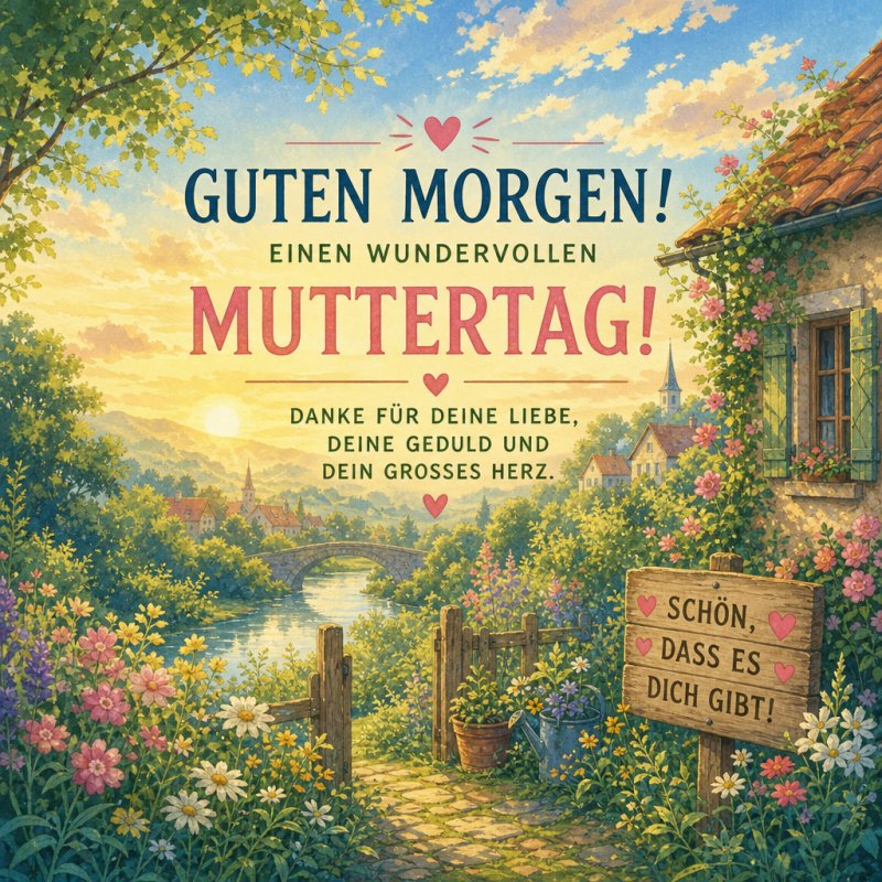 Ein malerisches Landschaftsgemälde mit Blumen und Brücke, begleitet von einem Guten-Morgen-Gruß zum Muttertag, verbreitet eine friedliche und liebevolle Stimmung.