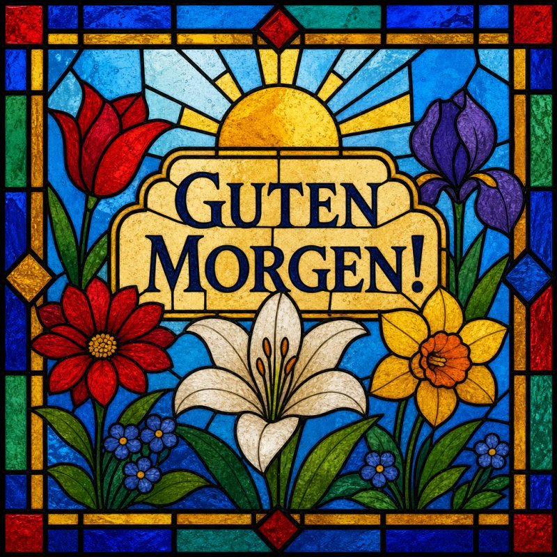Bunte Blumen und eine Sonne in einem Glasfenster-Design bilden einen strahlenden Guten-Morgen-Gruß mit roten, weißen, gelben und blauen Blüten.