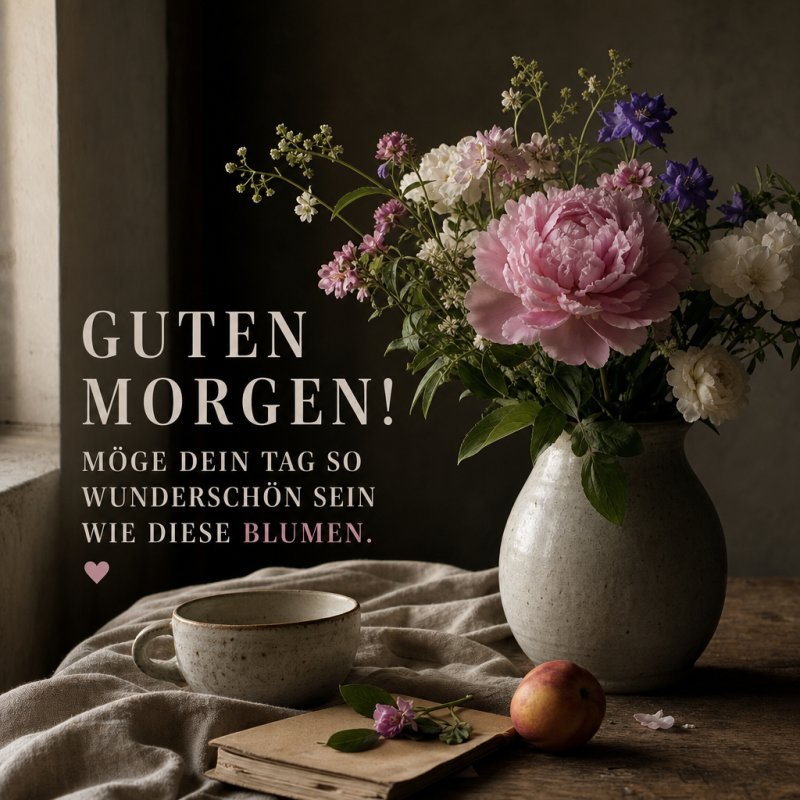 Ein rustikaler Krug mit bunten Blumen steht neben einer Tasse und einem Pfirsich auf einem Tisch, als Guten-Morgen-Gruß arrangiert.