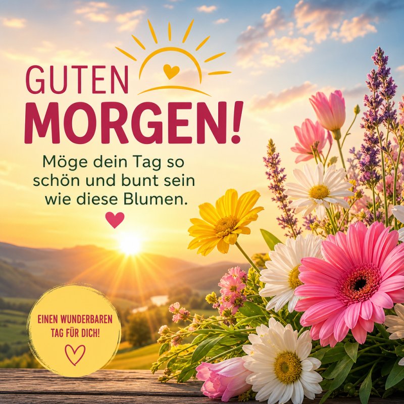 Ein bunter Blumenstrauß mit Gänseblümchen und Sonnenblumen steht im Vordergrund eines sonnigen Tals und sendet einen fröhlichen Guten-Morgen-Gruß.