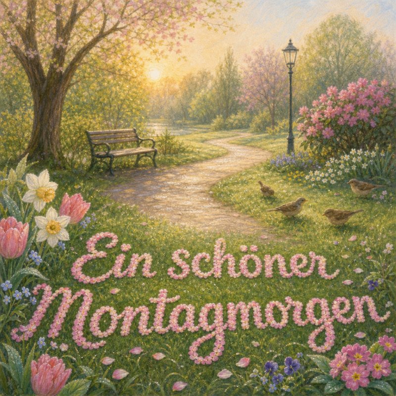 Ein Pastell-Guten-Morgen-Gruß: Eine ruhige Parkszene im Morgenlicht mit einem Blumenpfad, entlang dem Vögel im Gras nach Nahrung suchen. Die Worte sind aus Blüten geformt.