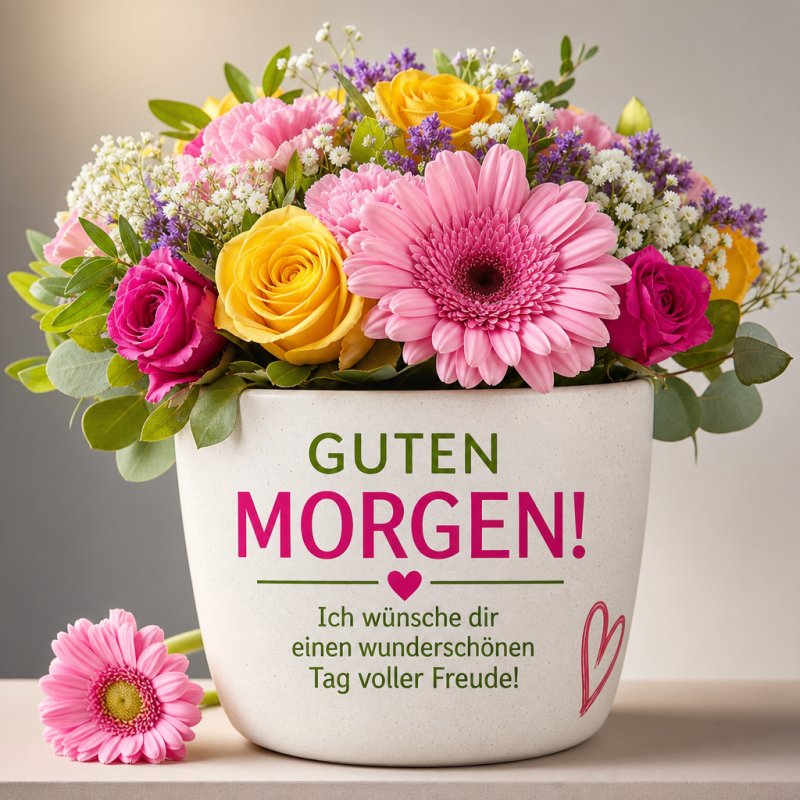 Ein fröhlicher Guten-Morgen-Gruß mit einem bunten Blumenstrauß aus rosa Gerbera, gelben Rosen und violetten Blüten in einem Keramiktopf.