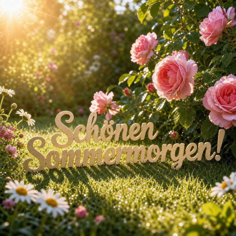 Guten-Morgen-Gruß als weiches Foto: Eine Morgenaufnahme eines üppigen Gartens mit taufrischen Rosen, im Sonnenlicht, das "Schönen Sommermorgen!" auf dem Gras zeigt.