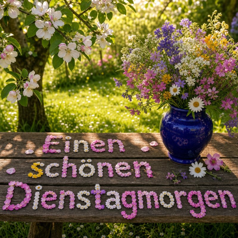 Stillleben-Fotografie als Guten-Morgen-Gruß: Buntes Blütenarrangement auf einer Holzbank im Sonnenlicht eines Gartens mit einem blühenden Apfelbaum im Hintergrund.