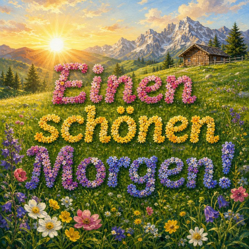 Guten-Morgen-Gruß in Form eines detailreichen Gouachegemäldes: Alpenwiese mit aufsteigender Sonne und Blumen aus denen der Gruß geformt ist.